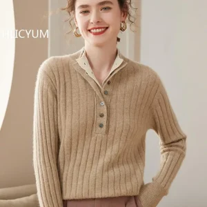 Cashmere Sweater Women's Splicing Thick Knit Combination Wool Tops Stand up Collar Jumper Fake Two Piece Single breasted Blouse - AliExpress Sweaters&Jumpers