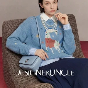Blue Knitted Sweater Women's Loose Fit round Ne Print Faion Spring 2026 U×LAB  Uncle Casual Sle Long Sve - AliExpress Sweaters&Jumpers