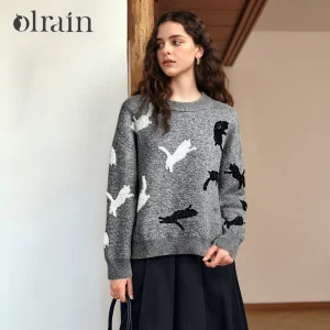 OLrain Jacquard Sweater for Woman 2026 Autumn Cat Pattern Wool Blend Pullover Fun Casual Commuter Ladies Knit Top O57DM002229 - AliExpress Sweaters&Jumpers
