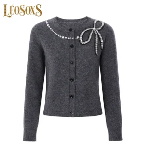 LEOSOXS Women's Stylish Knit Cardigan Crystal-Embellished Bow & Button Closure For Timeless Luxury Sophistication 2025 - AliExpress Sweaters&Jumpers