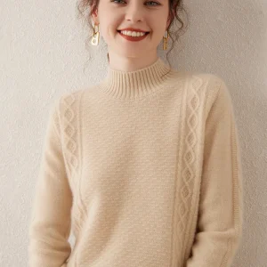 Elegant Women's Soft Warm Thick Mock Neck Pullover 100% Cashmere Sweater Cable Stitch Autumn Winter Casual Loose Clothing Tops - AliExpress Sweaters&Jumpers