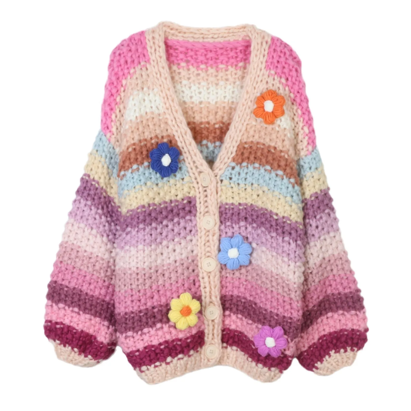 2025 Autumn And Winter Bohemian Handmade Rainbow Striped Sweater Cardigan Flower V-Neck Long Sleeve Warm Thick Sweater Jacket - AliExpress Sweaters&Jumpers
