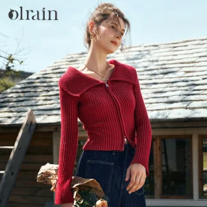 OLrain Women's Knitted Red Cardigans 2025 Winter French Turn-down Collar Zip Up Sweaters Elegant Long Sleeve Tops O56DM90218 - AliExpress Sweaters&Jumpers