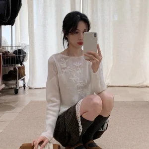Unique Korean Sle Women's Knitted Sweater Camel Wool Embroidered Beige Autumn Winter Faionable Versatile Loose Fit Top - AliExpress Sweaters&Jumpers