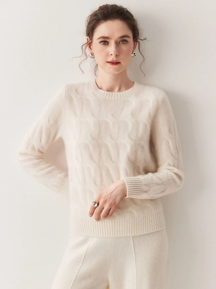 Chic Warm Soft O-Neck Solid Cable Stitch Vintage Sweater 100% Cashmere Women's Autumn Winter Elegant Comfort Clothing Tops - AliExpress Sweaters&Jumpers