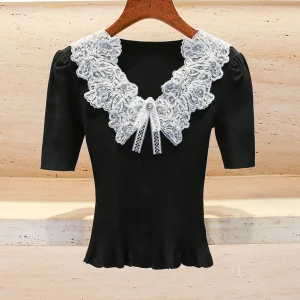 Ele Lace V-Ne Slim Fit Knitted Top for Women Gentle Wind Sle Commute Simple Regular Fit Medium Softn ort Sve - AliExpress Sweaters&Jumpers