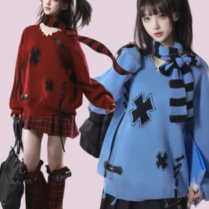 College Style Harajuku Cross Print Thickened Slim Soft Scarf Sweater Women Spring New Japanese Sweet Cool Distressed Pullover - AliExpress Sweaters&Jumpers