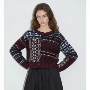 Retro Fair Isle Patchwork Knitted ort Cardigan Women round Ne Button Floral Woolen Splicing id Pattern Sweater Coat - AliExpress Sweaters&Jumpers
