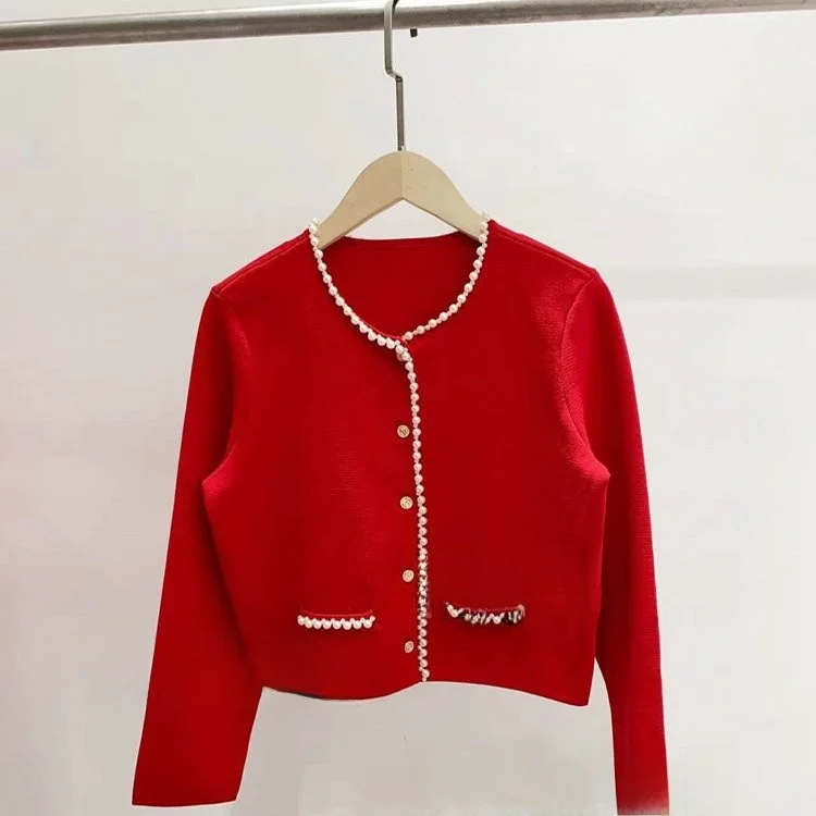 MaSande Spring Series Pearl Knitted Open Cardigan Jaet CA00727 French Sle Button Detail Long Sve Low round Ne - AliExpress Sweaters&Jumpers