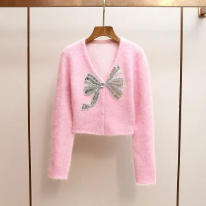 Sweet ort V-ne Knitted Cardigan with Knot And Beads for Women Polyester Fiber Regular Thin Autumn Season - AliExpress Sweaters&Jumpers