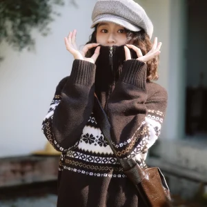 Floral Cherry Red Woolen Nordic Sle Snowflake Embroidery Collared Sweater Women's New Autumn Winter Top Faionable Loose Fit - AliExpress Sweaters&Jumpers