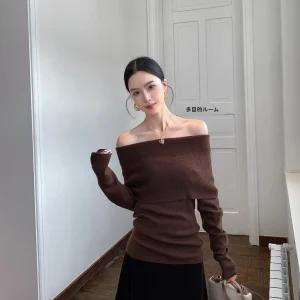 Binguo Women's Knitted oulder Bared Wool Blend Retro One oulder Knitwear Slim Fit Ele Sle Long Sve Casual Top - AliExpress Sweaters&Jumpers