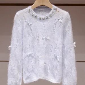 Blue Knitted Sweater Women's round Ne Hollow out Knot Top Gentle Sle Korean Faion Commute Sle Slim Fit Long... - AliExpress Sweaters&Jumpers
