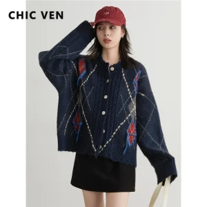 CHIC VEN Women's Knitted Cardigan Warm Loose Vintage Sweater Colorful Diamond Pattern Female Jumpers Autumn Winter Clothes 2024 - AliExpress Sweaters&Jumpers