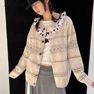 2026 Spring Autumn New Beige Polka Dot Women's Cardigan Retro Design Lace Collar Knitted Versatile Loose Sweater Coat Ladies - AliExpress Sweaters&Jumpers