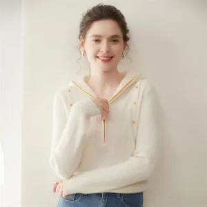 Autumn/Winter Women's 100% Cashmere Pullover Casual Contrast Knitted Sweater Loose Half Zipper Hooded Collar Tops Thick Jumper - AliExpress Sweaters&Jumpers