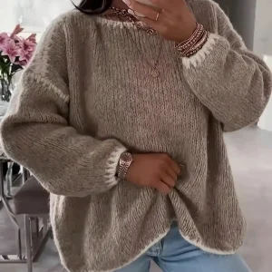 Women's Oversized Crew Neck Knit Sweater with Ribbed Texture, Medium Stretch, Solid Beige - AliExpress Sweaters&Jumpers