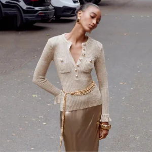 Ele Gold Knitted Henry Collar Top with Waist Chain Autumn Winter New Arrival Women's Faion Soft Medium Thin Long S... - AliExpress Sweaters&Jumpers