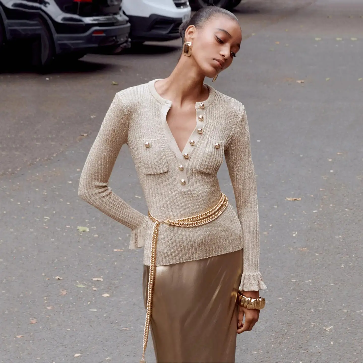 Ele Gold Knitted Henry Collar Top with Waist Chain Autumn Winter New Arrival Women's Faion Soft Medium Thin Long S... - AliExpress Sweaters&Jumpers