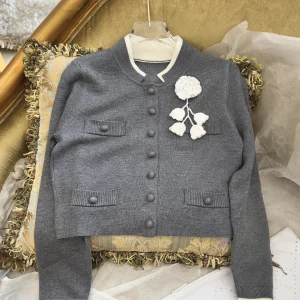 2025 Autumn Winter New Fashion Thin Gray Knitted Cardigan Women Sweet Three-Dimensional Flower Decoration Elegant Sweater Coat - AliExpress Sweaters&Jumpers