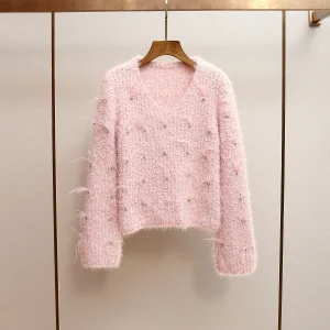 MaSande Women's Loose Knitted ort V-Ne Sweater Feather Beaded Sweet Sle Autumn Winter New Arrival Premium Quali - AliExpress Sweaters&Jumpers