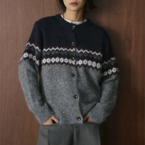 HanOrange 2025 Winter Fashion Fel Island Contrast Jacquard Knitted Wool Cardigan Women O-Neck Loose Top Grey/Coffee - AliExpress Sweaters&Jumpers