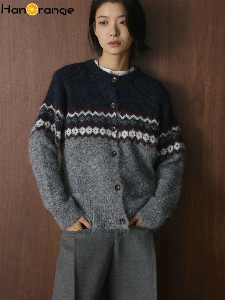 HanOrange 2025 Winter Fashion Fel Island Contrast Jacquard Knitted Wool Cardigan Women O-Neck Loose Top Grey/Coffee - AliExpress Sweaters&Jumpers