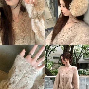 Seeyouiceland Bergen Sunset Walk Ultrine Baby Camere Wool Hook Flower Tie Knit Sweater Women's Loose Sle Long Sve V-... - AliExpress Sweaters&Jumpers