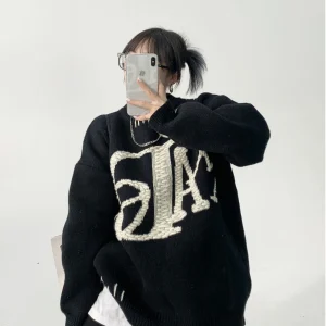 Thiened round Ne Knitted Sweater Women's Street Sle Casual Embroidery Loose Fit Autumn Spring American Design Sense - AliExpress Sweaters&Jumpers