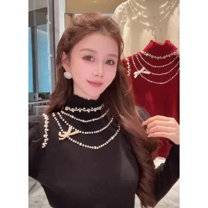 AZZHEN Moonlight Pearl Heavy Embellied  Knot f High Collar Slim Fit Base irt Spring Season Women's Knitted Top - AliExpress Sweaters&Jumpers