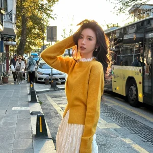 Zq Yellow Lace Trim Slim Fit Knit Sweater Women's Winter New Design Sensation Knitted Top Comfortable Long Sve Crew Ne - AliExpress Sweaters&Jumpers