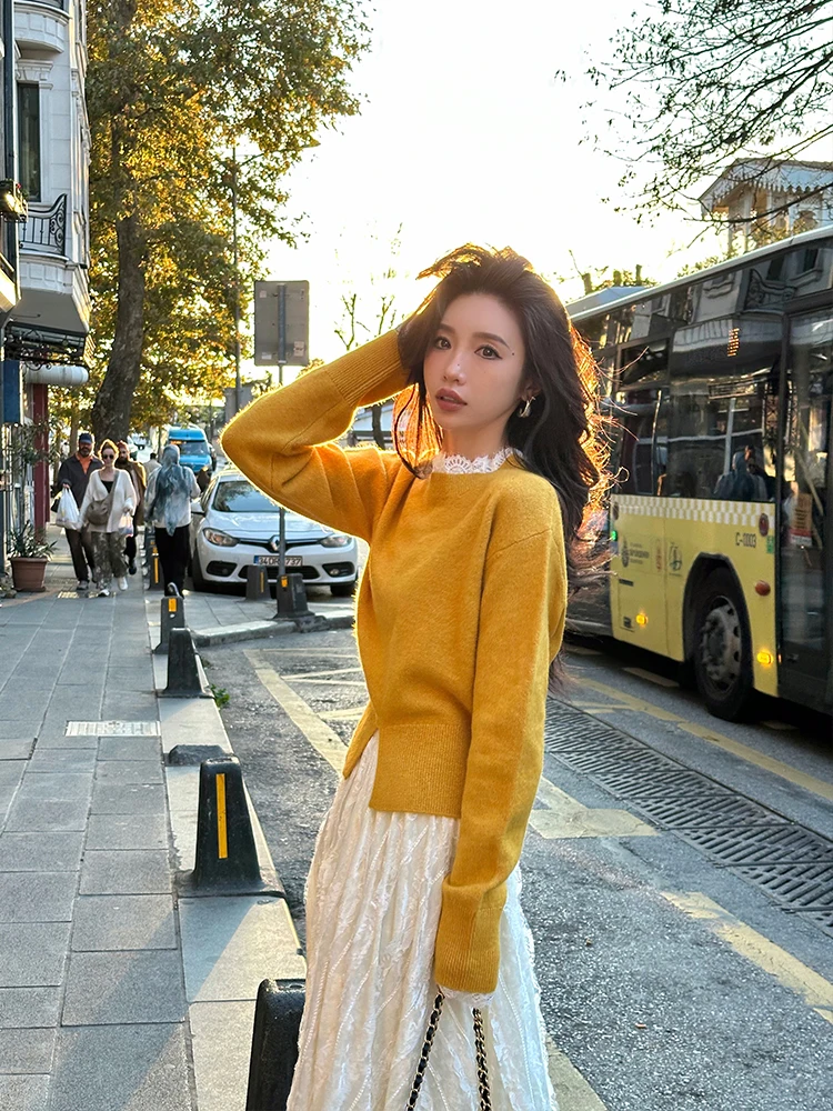 Zq Yellow Lace Trim Slim Fit Knit Sweater Women's Winter New Design Sensation Knitted Top Comfortable Long Sve Crew Ne - AliExpress Sweaters&Jumpers