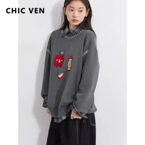 CHIC VEN Korean Women Sweaters Loose Casual O Neck Apple Embroidered Pullovers Jumpers Ladies Top Oversize Autumn Winter 2026 - AliExpress Sweaters&Jumpers