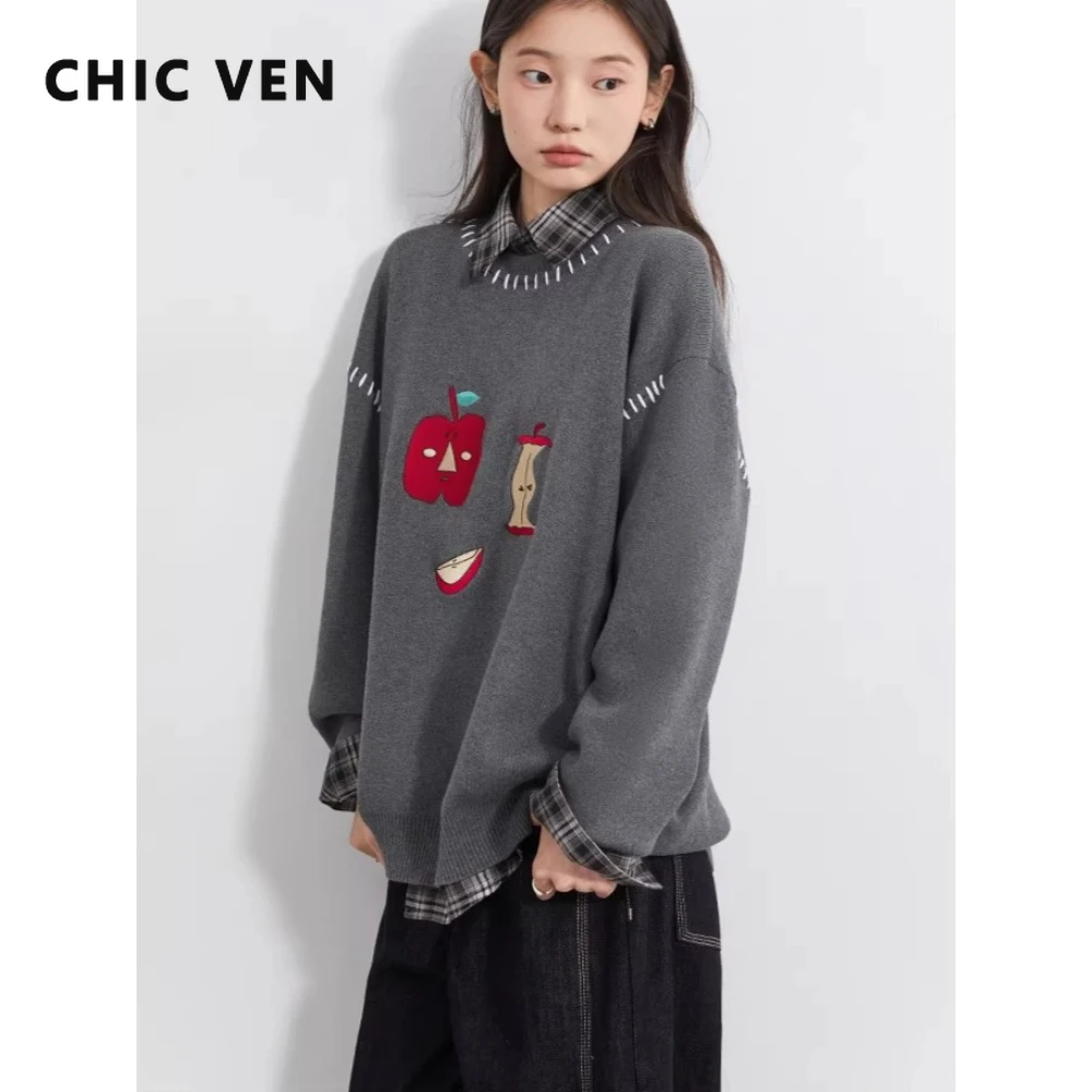 CHIC VEN Korean Women Sweaters Loose Casual O Neck Apple Embroidered Pullovers Jumpers Ladies Top Oversize Autumn Winter 2026 - AliExpress Sweaters&Jumpers