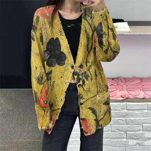 2025 Autumn/Winter New Women's V-neck Long-sleeved Printed Ripped KnitCardigan High-Quality Fashionable Loose Casual Knit Jacket - AliExpress Sweaters&Jumpers
