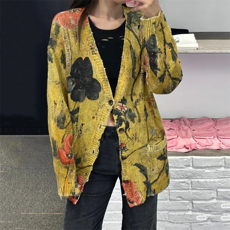 2025 Autumn/Winter New Women's V-neck Long-sleeved Printed Ripped KnitCardigan High-Quality Fashionable Loose Casual Knit Jacket - AliExpress Sweaters&Jumpers