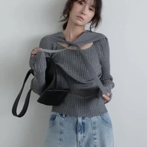 Sine Hollow out Belted Knitwear ey Striped Japanese Sle Women's Long Sve Cotton Sweater Belted Design Casual Fit - AliExpress Sweaters&Jumpers