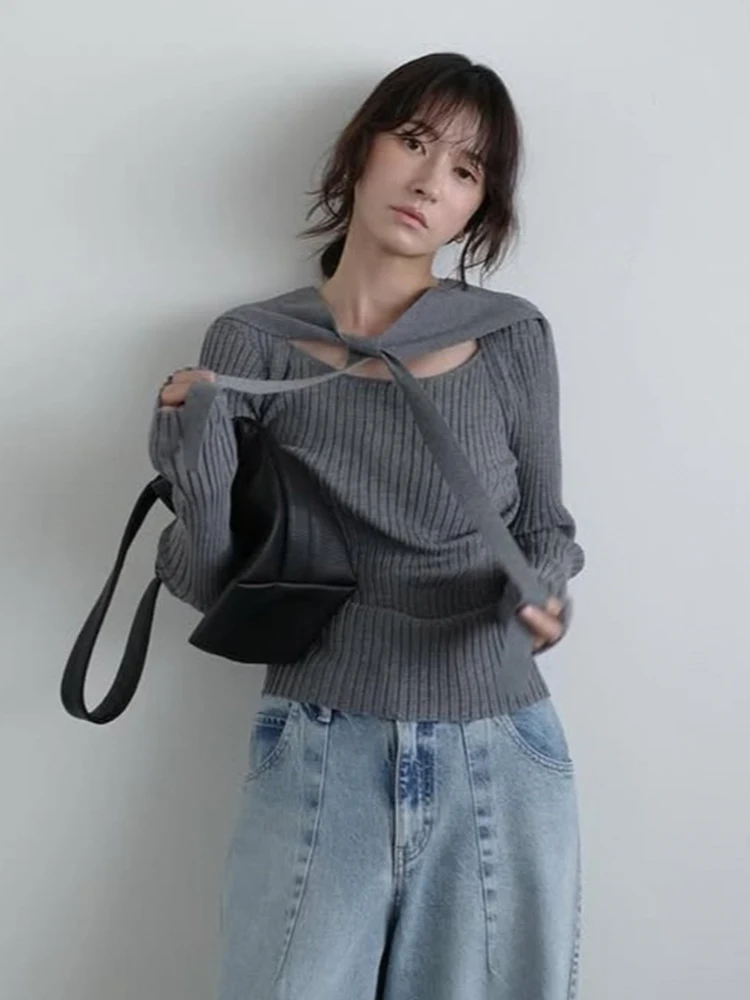 Sine Hollow out Belted Knitwear ey Striped Japanese Sle Women's Long Sve Cotton Sweater Belted Design Casual Fit - AliExpress Sweaters&Jumpers