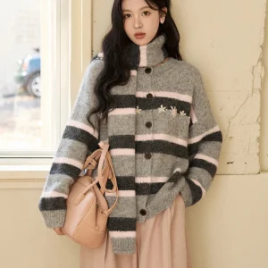 MISHOW Christmas Striped Sweater Cardigan with Scarf 2025 Winter Korea Embroidery Flower Retro Loose Knitted Sweater MXE86Z2741 - AliExpress Sweaters&Jumpers