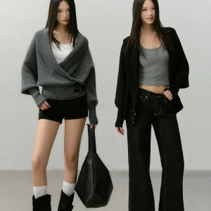 Spring Wool Blend Knitted Cardigan Collar Overlap Button Front Casual Loose Fit Women's Long Sve Knitwear Coat - AliExpress Sweaters&Jumpers