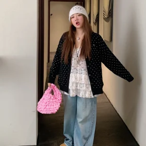 Dazi Polka Dot Knitwear Women's Open Cardigan Large Size Spring New Sle Casual Loose Fit Long Sve Knitted Outerwear - AliExpress Sweaters&Jumpers