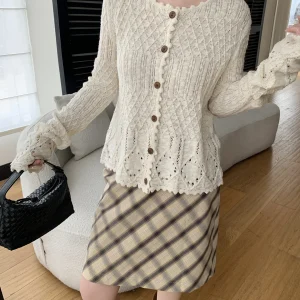 Ele Long Sve Women's Knitted Cardigan with Wood Buttons Lace Design Simple Sle High Quali Cotton Spring Faion - AliExpress Sweaters&Jumpers