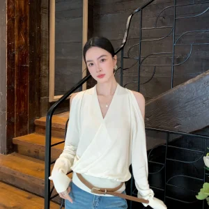 Binguo Women's Knitted V-Ne Cross-Over Ne Top in Beige Spring 2026 Casual Loose Fit Comfortable Breathable Long Sve - AliExpress Sweaters&Jumpers