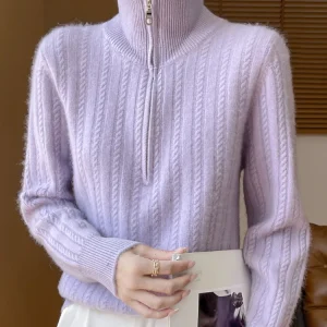 Autumn Winter 100% Merino Wool Knitwear Women's Sweater Solid Color Twisted Flower Zipper Turn Down Collar Pullover Soft Tops - AliExpress Sweaters&Jumpers