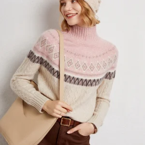 Women Vintage Style Cashmere Sweater Faire Isle Jacquard Sweater Thick Mock Neck Pullover Autumn Winter 100% Cashmere Knitwear - AliExpress Sweaters&Jumpers