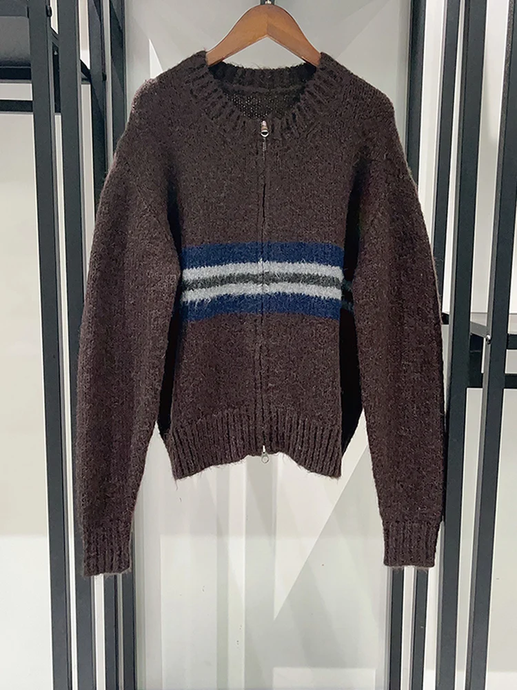 Retro Brown Horizontal Striped Tassel Zipper round Ne Sweater Women's Faion Autumn Winter Knitted Long Sve Top - AliExpress Sweaters&Jumpers