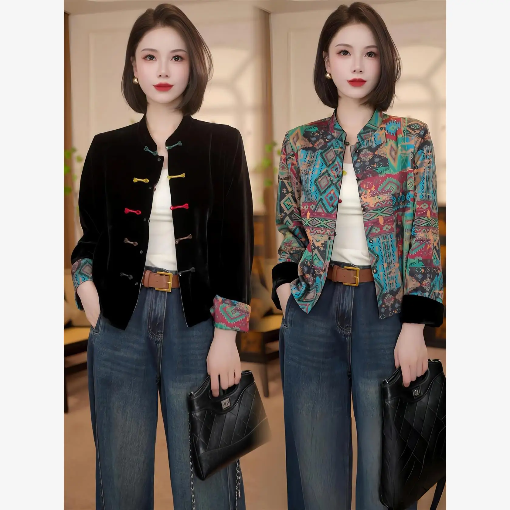 Ele Double-Sided Velvet ort Jaet Women's Faionable Chinese Sle Printed Casual Long Sve Button-Up Sweater - AliExpress Sweaters&Jumpers
