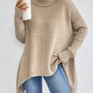 Women's Asymmetrical Hem High Neck Long Sleeve Loose Knit Pullover Sweater - AliExpress Sweaters&Jumpers
