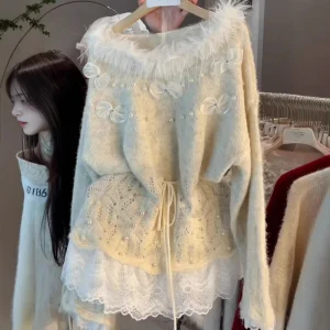 French Sle Oversized Knitted Sweater Women's Spring 2026 New Dstring Beaded Soft Lazy Sle 3D Flower Patterned Top - AliExpress Sweaters&Jumpers