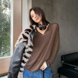 JCCC adow New Year Soft 00% Wool V-Ne Color Blo Lazy Versatile Knitted Overhead Sweater Loose Fit Long Sve Warmth - AliExpress Sweaters&Jumpers